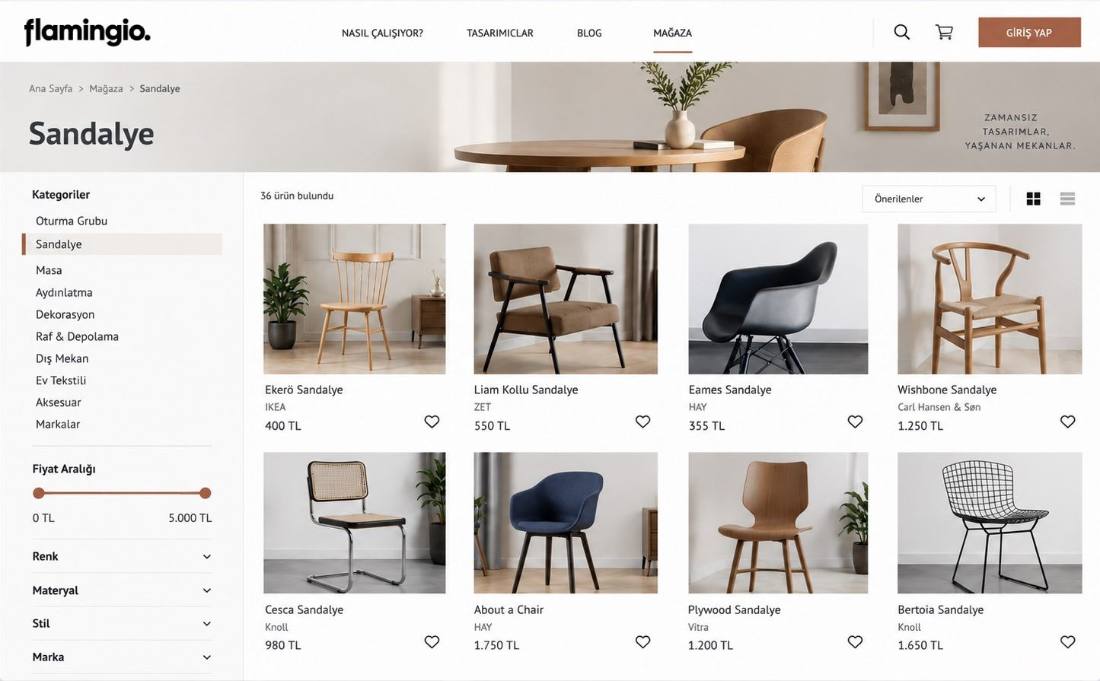 Flamingio marketplace, chair category listing