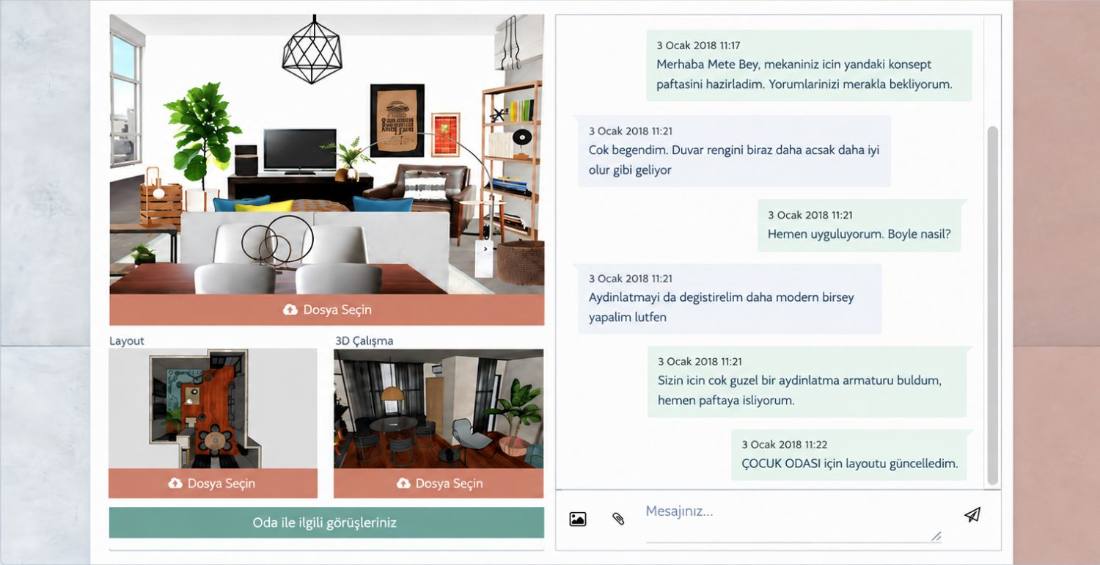 Flamingio project screen, client chat and boards