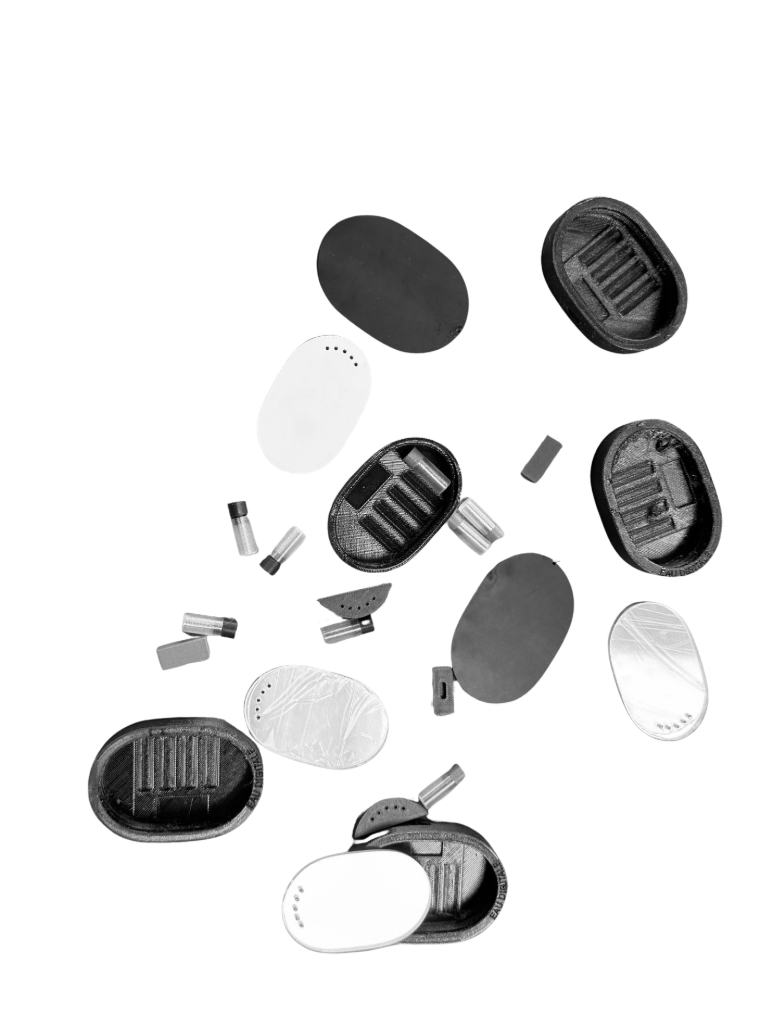 3D-printed GRIP mock-ups: shells, lids, mirror caps, capsule chambers and cartridges