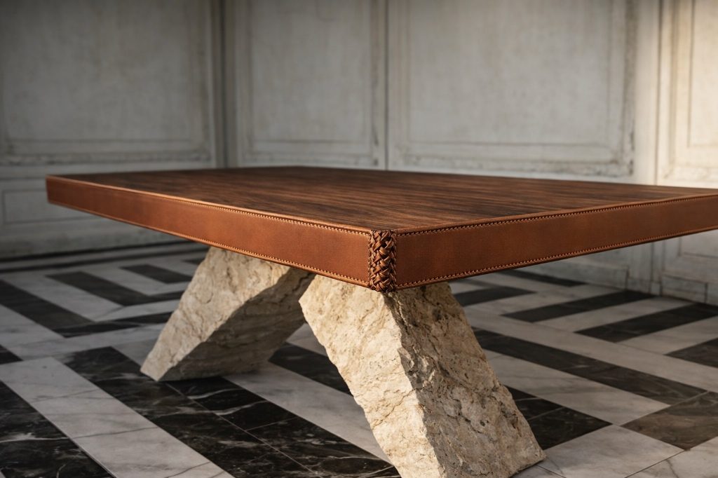 Braided corner where leather meets travertine